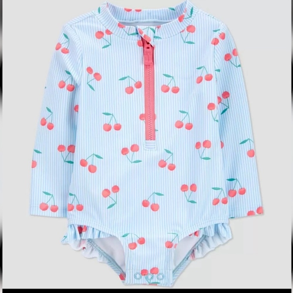 Just One You Carter’s Blue & White stripes with Cherries Swim Suit Long sleeve